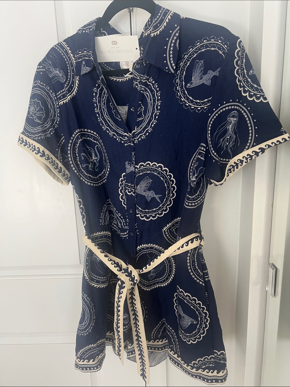 Navy Printed Button up romper w/ Belt&long button placket for easy on/off 10 NWT